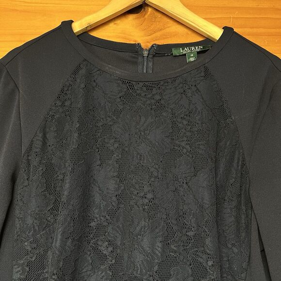 Ralph Lauren Navy Blue Long Sleeve Dress with Lace Front Panel Size 16 - Picture 2 of 4